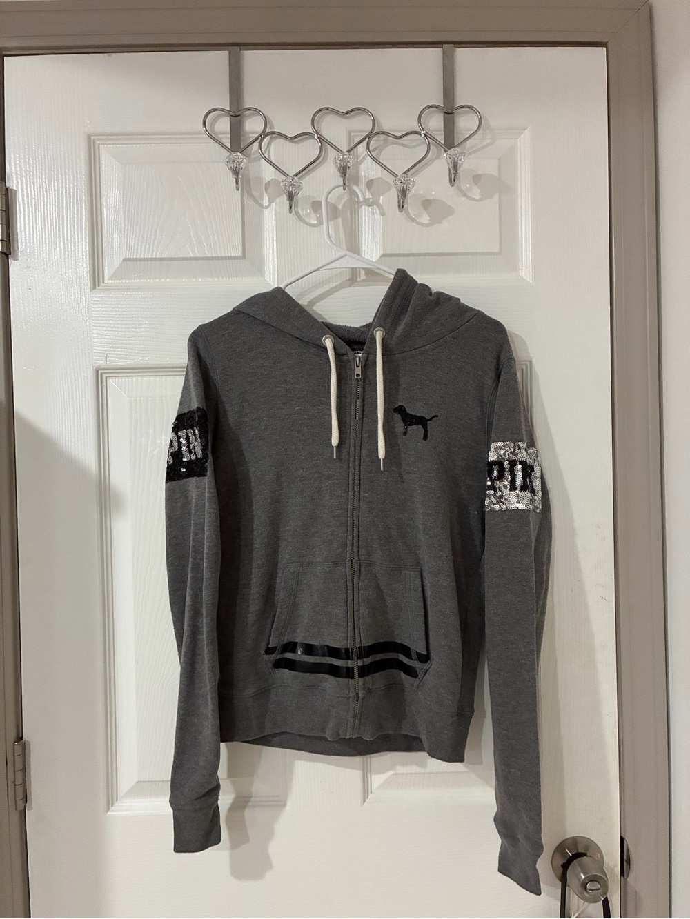 PINK Victoria's Secret Gray Zip-Up Hoodie with Sequin Sleeve Panels